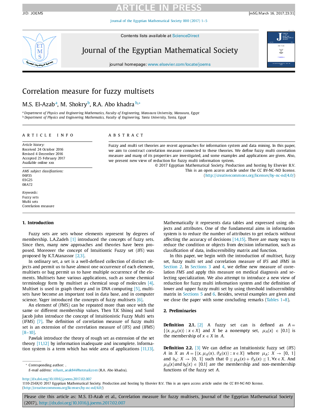 Correlation measure for fuzzy multisets