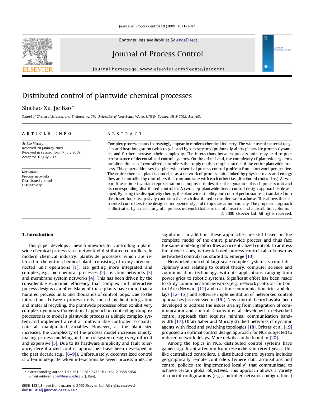 Distributed control of plantwide chemical processes