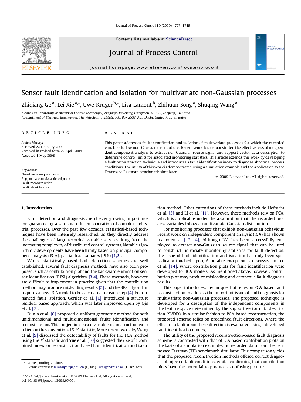 Sensor fault identification and isolation for multivariate non-Gaussian processes