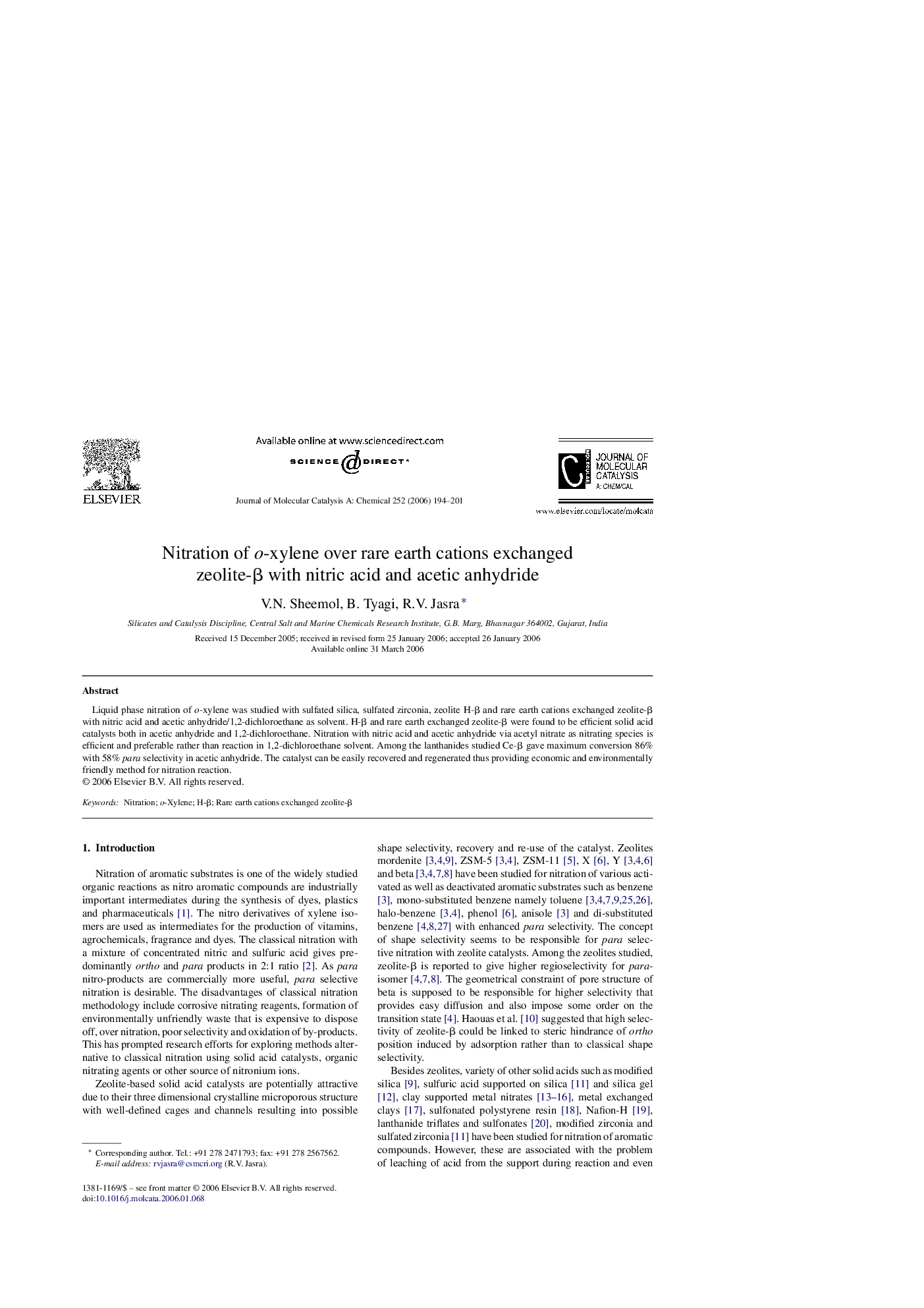 Nitration of o-xylene over rare earth cations exchanged zeolite-β with nitric acid and acetic anhydride