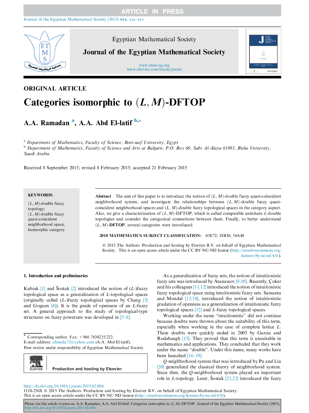 Categories isomorphic to (L,M)-DFTOP