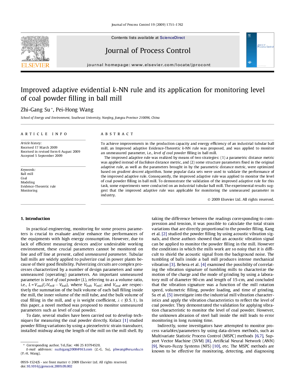 Improved adaptive evidential k-NN rule and its application for monitoring level of coal powder filling in ball mill