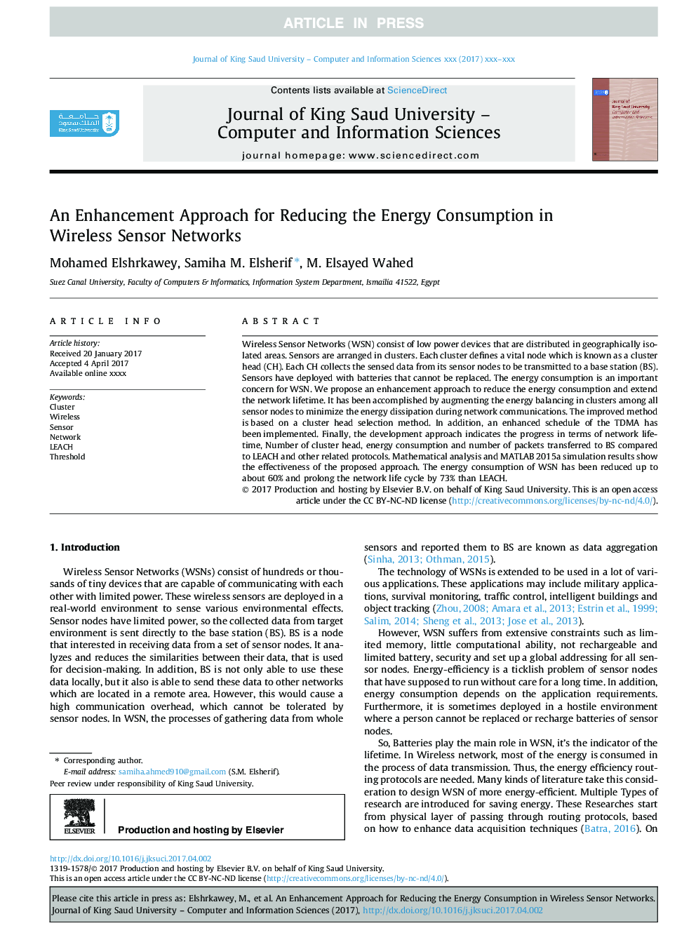 An Enhancement Approach for Reducing the Energy Consumption in Wireless Sensor Networks