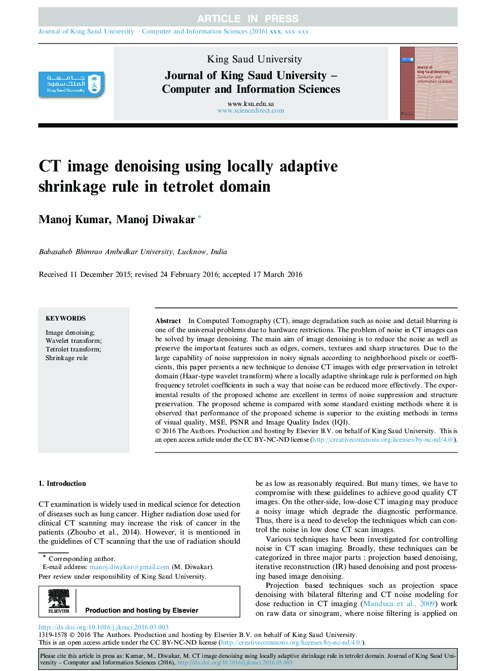 CT image denoising using locally adaptive shrinkage rule in tetrolet domain