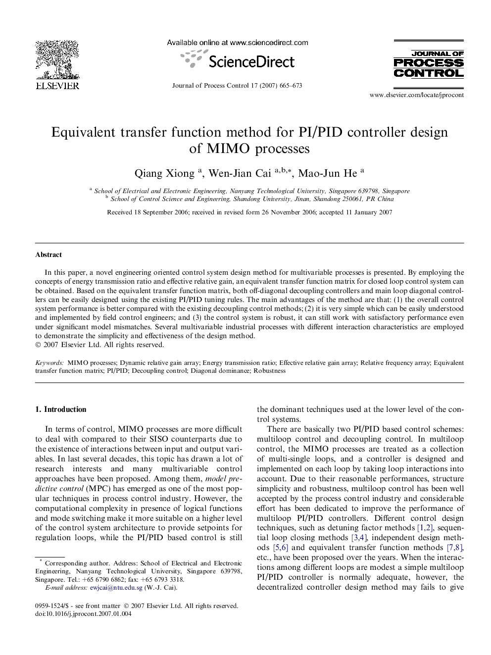 Equivalent transfer function method for PI/PID controller design of MIMO processes