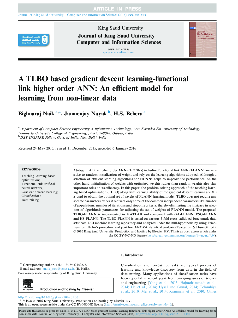 A TLBO based gradient descent learning-functional link higher order ANN: An efficient model for learning from non-linear data