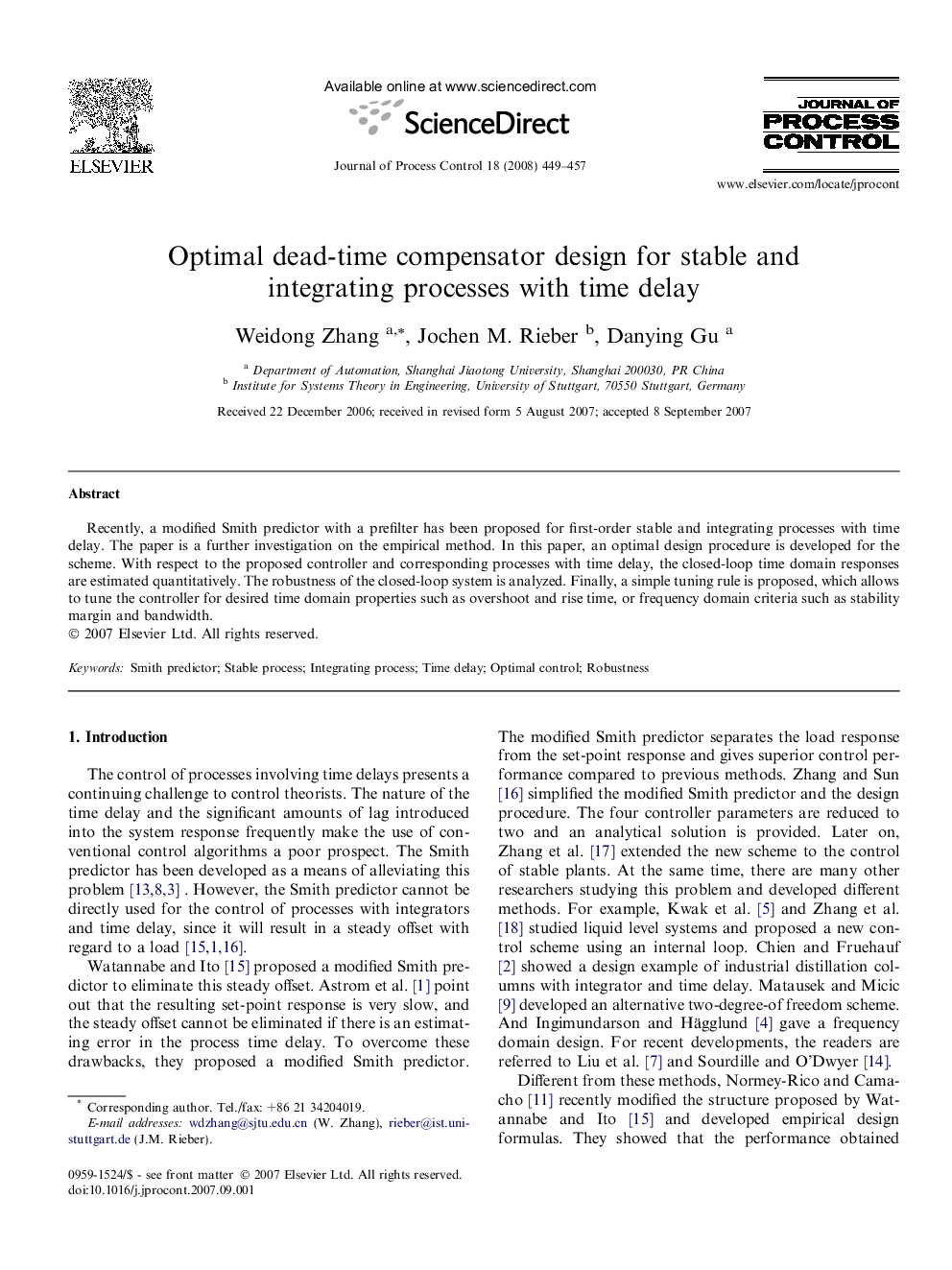 Optimal dead-time compensator design for stable and integrating processes with time delay