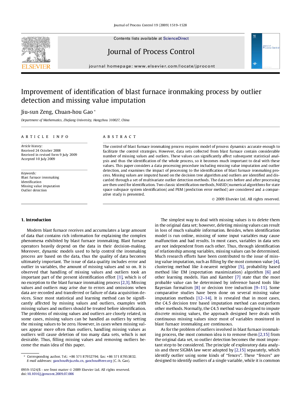 Improvement of identification of blast furnace ironmaking process by outlier detection and missing value imputation