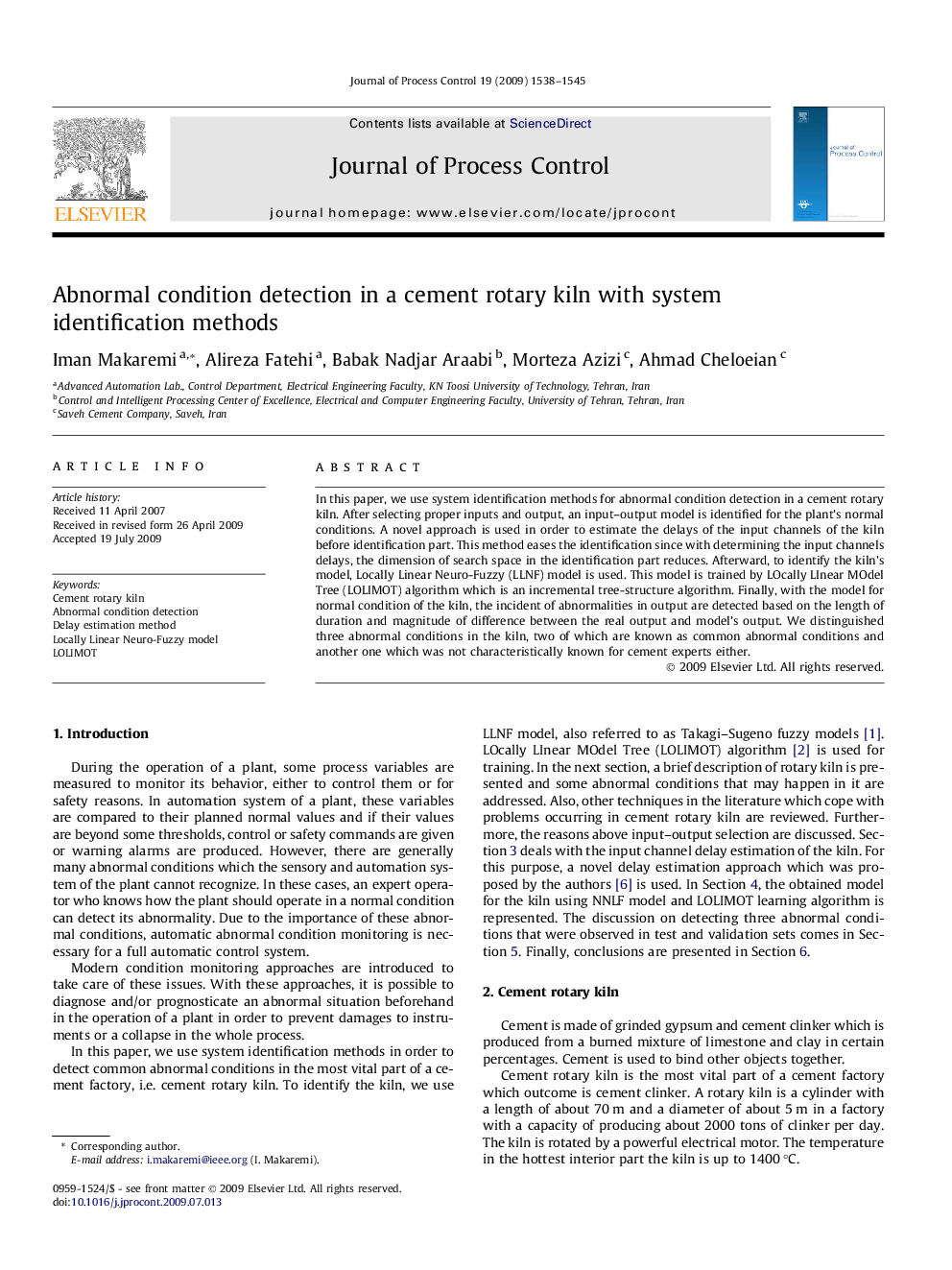 Abnormal condition detection in a cement rotary kiln with system identification methods