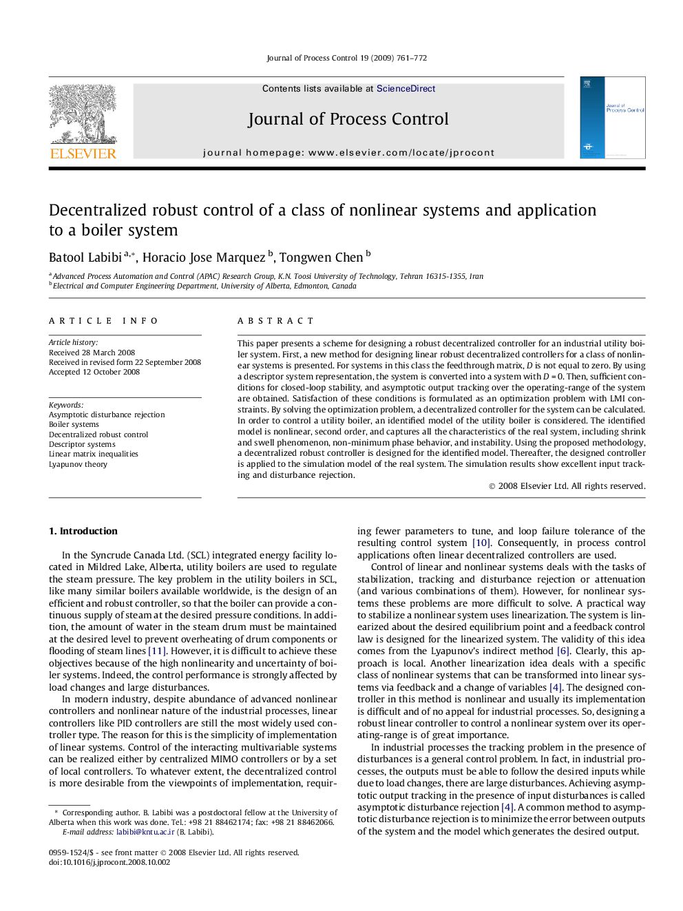 Decentralized robust control of a class of nonlinear systems and application to a boiler system