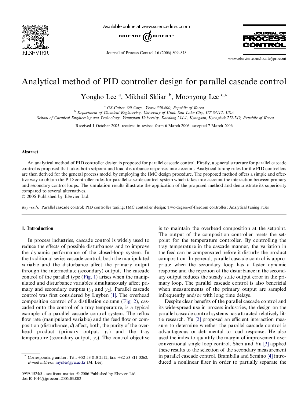 Analytical method of PID controller design for parallel cascade control