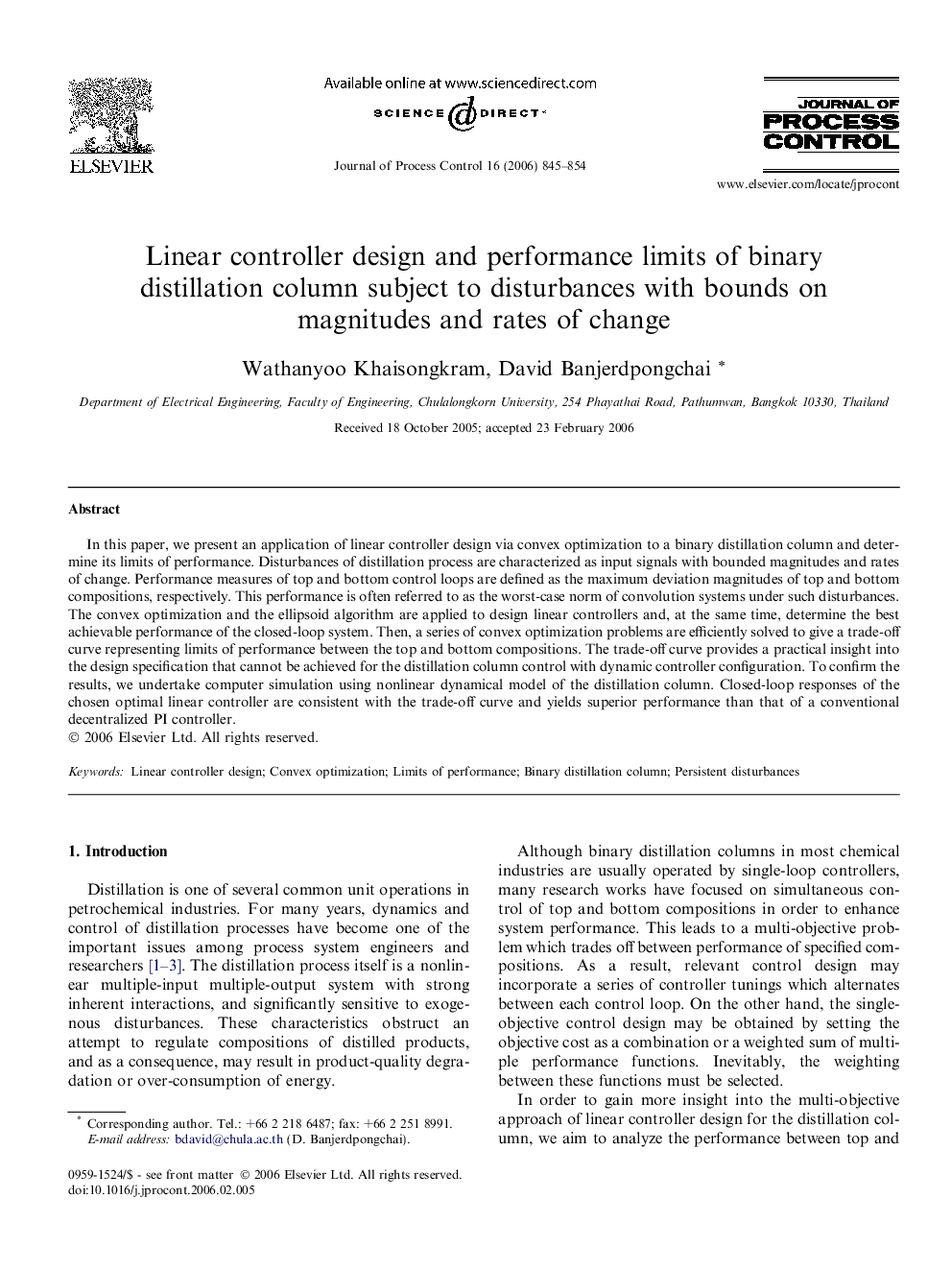 Linear controller design and performance limits of binary distillation column subject to disturbances with bounds on magnitudes and rates of change