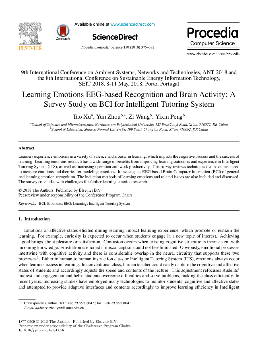 Learning Emotions EEG-based Recognition and Brain Activity: A Survey Study on BCI for Intelligent Tutoring System