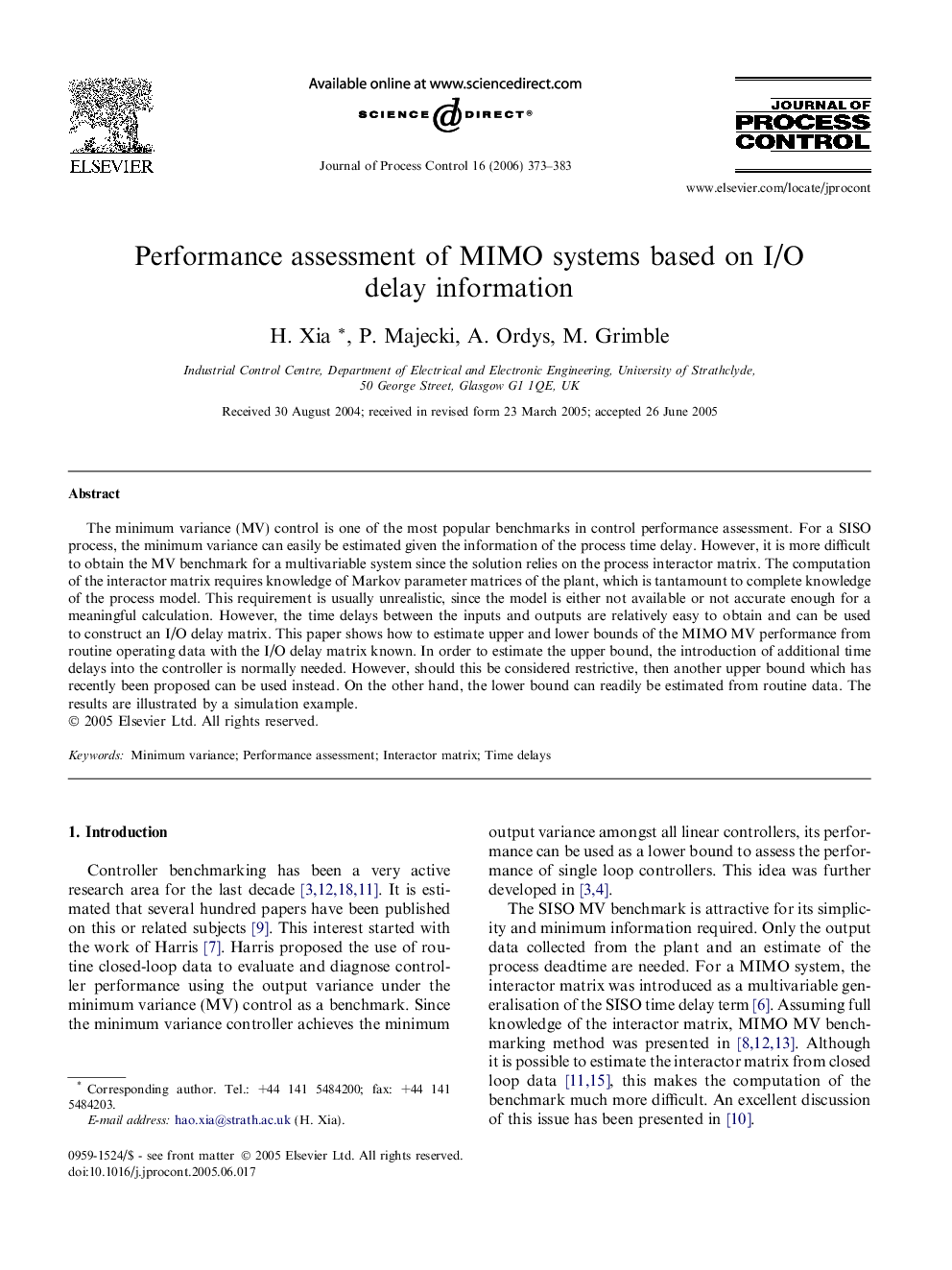 Performance assessment of MIMO systems based on I/O delay information