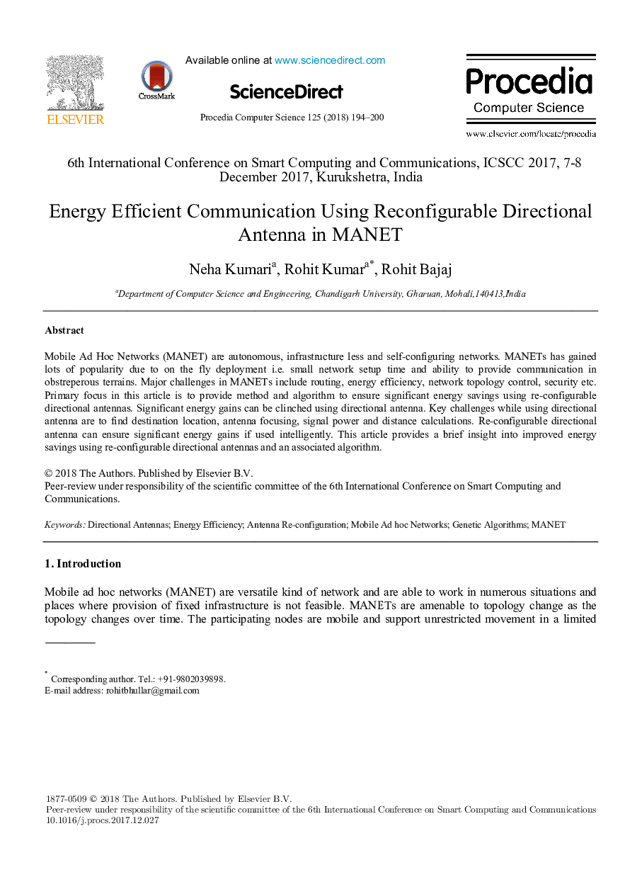 Energy Efficient Communication Using Reconfigurable Directional Antenna in MANET