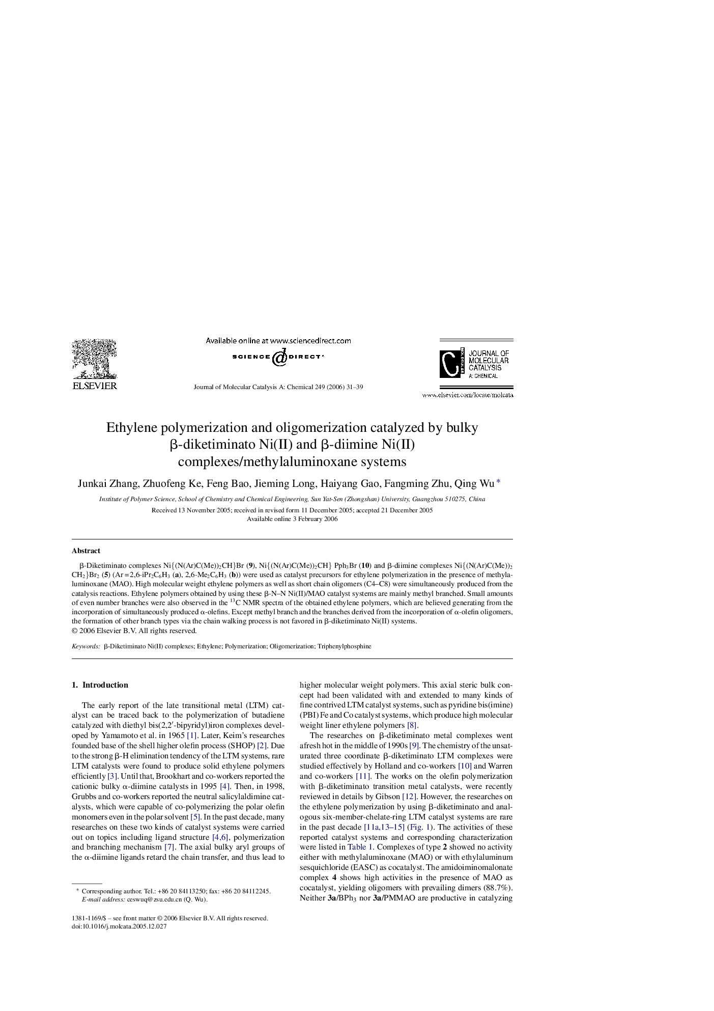 Ethylene polymerization and oligomerization catalyzed by bulky β-diketiminato Ni(II) and β-diimine Ni(II) complexes/methylaluminoxane systems