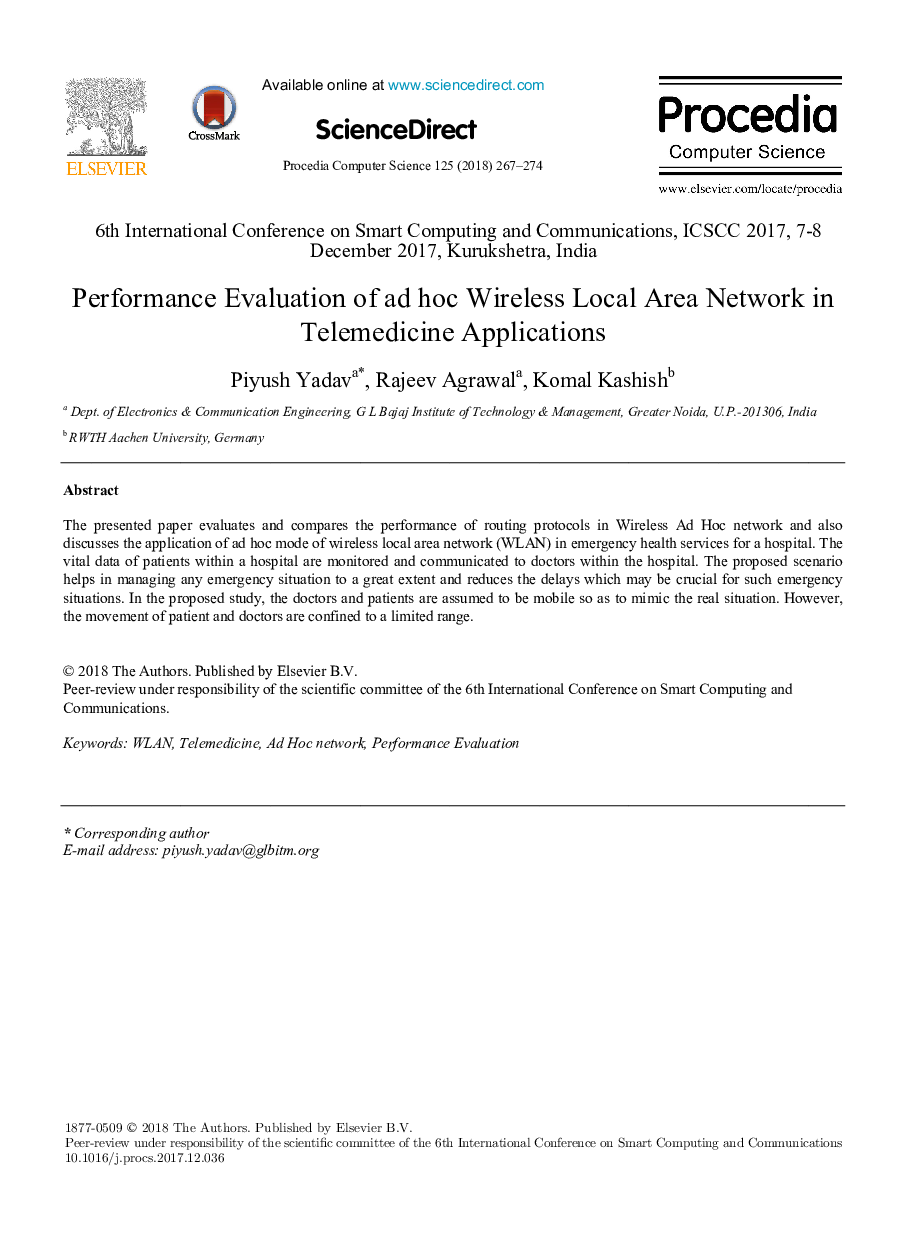 Performance Evaluation of ad hoc Wireless Local Area Network in Telemedicine Applications