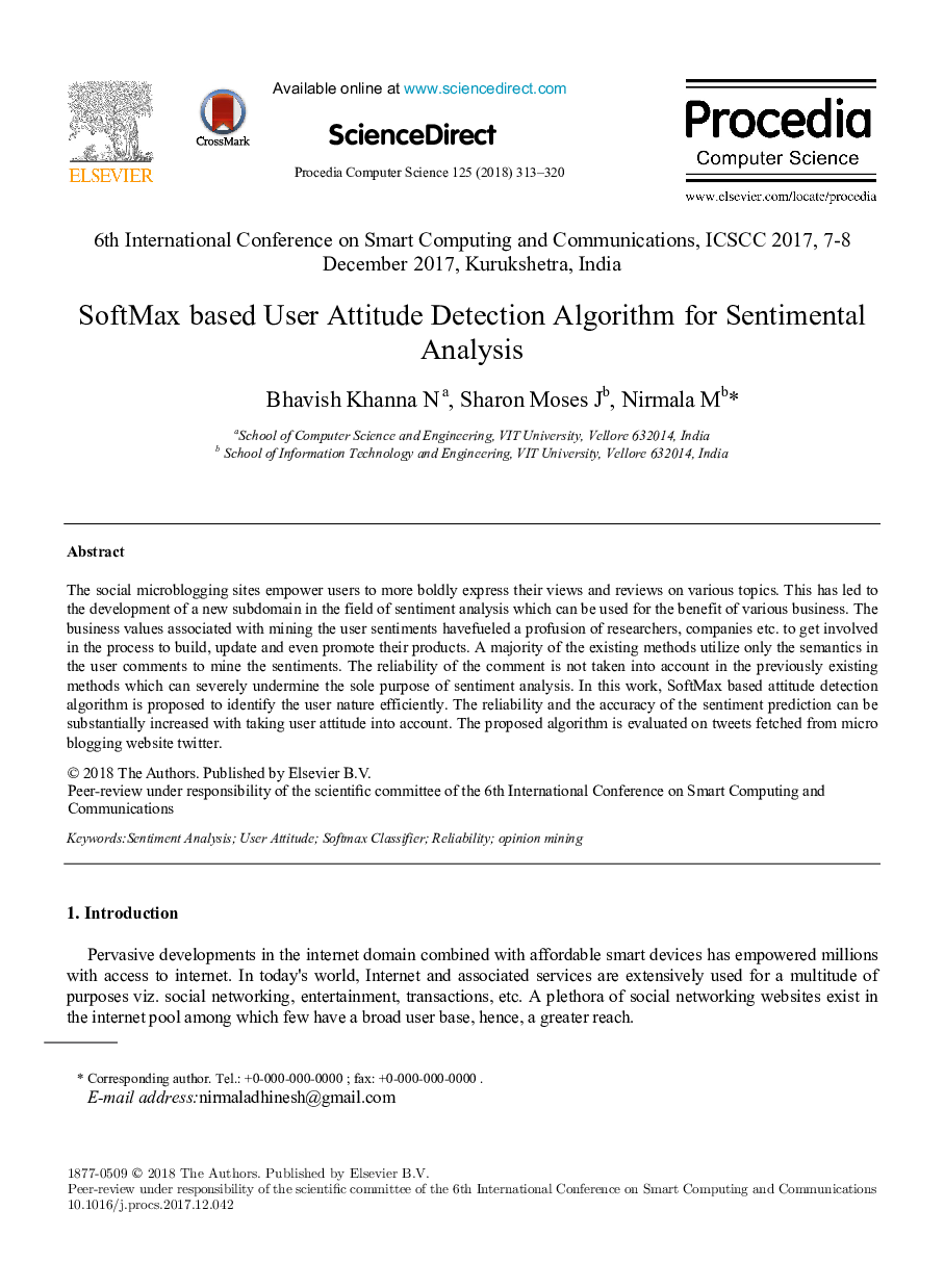 SoftMax based User Attitude Detection Algorithm for Sentimental Analysis