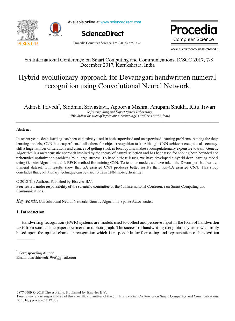 Hybrid evolutionary approach for Devanagari handwritten numeral recognition using Convolutional Neural Network