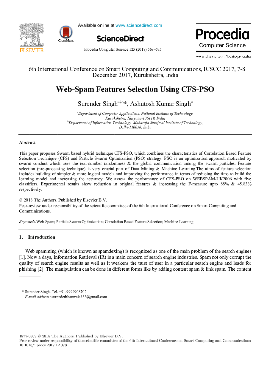 عکس صفحه اول مقاله: Web-Spam Features Selection Using CFS-PSO Web-Spam Features Selection Using CFS-PSO