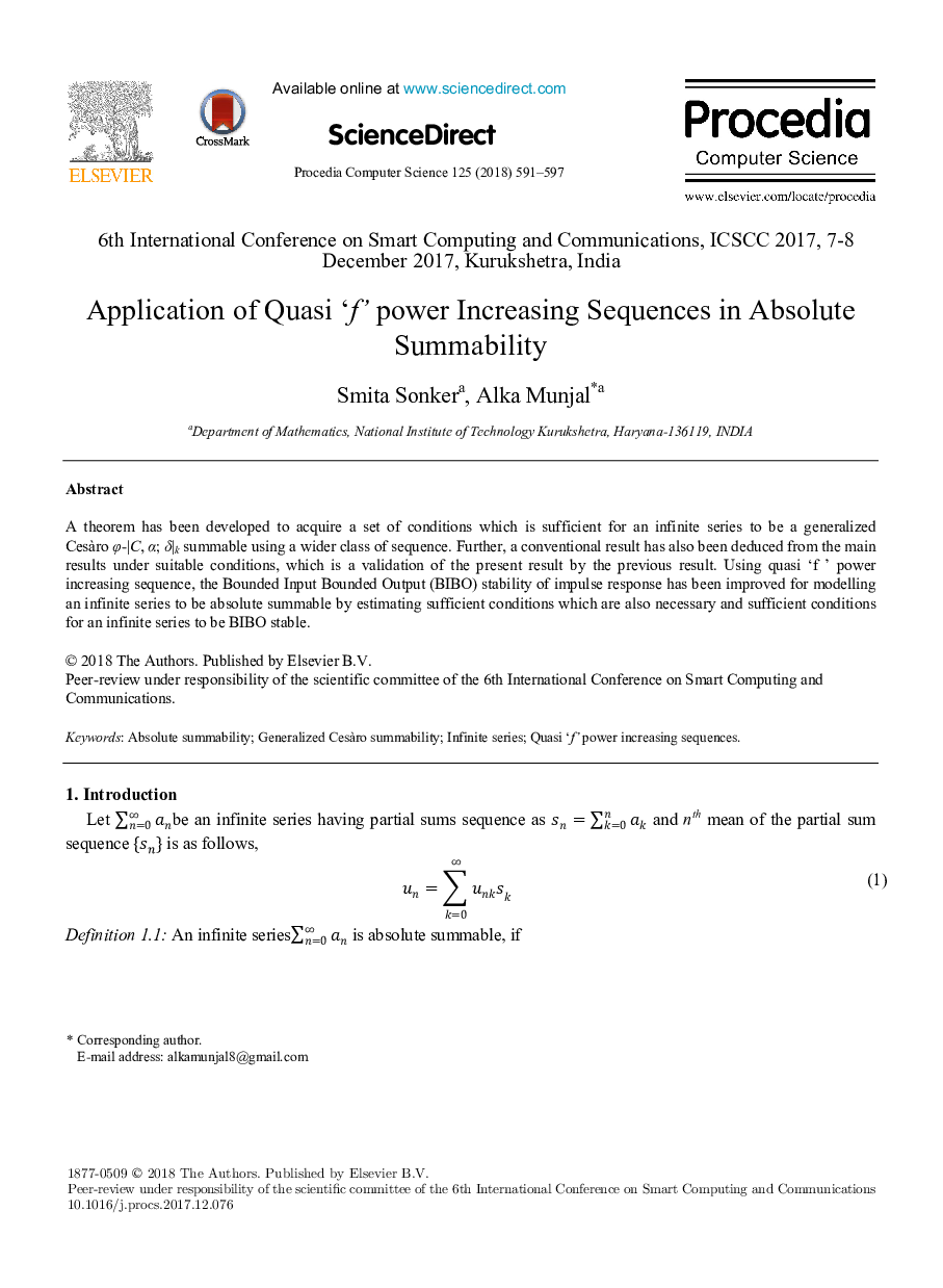 عکس صفحه اول مقاله: Application of Quasi 'f' power Increasing Sequences in Absolute Summability Application of Quasi 'f' power Increasing Sequences in Absolute Summability