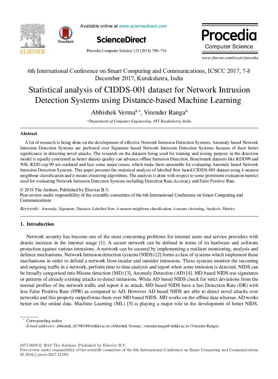 Statistical analysis of CIDDS-001 dataset for Network Intrusion Detection Systems using Distance-based Machine Learning