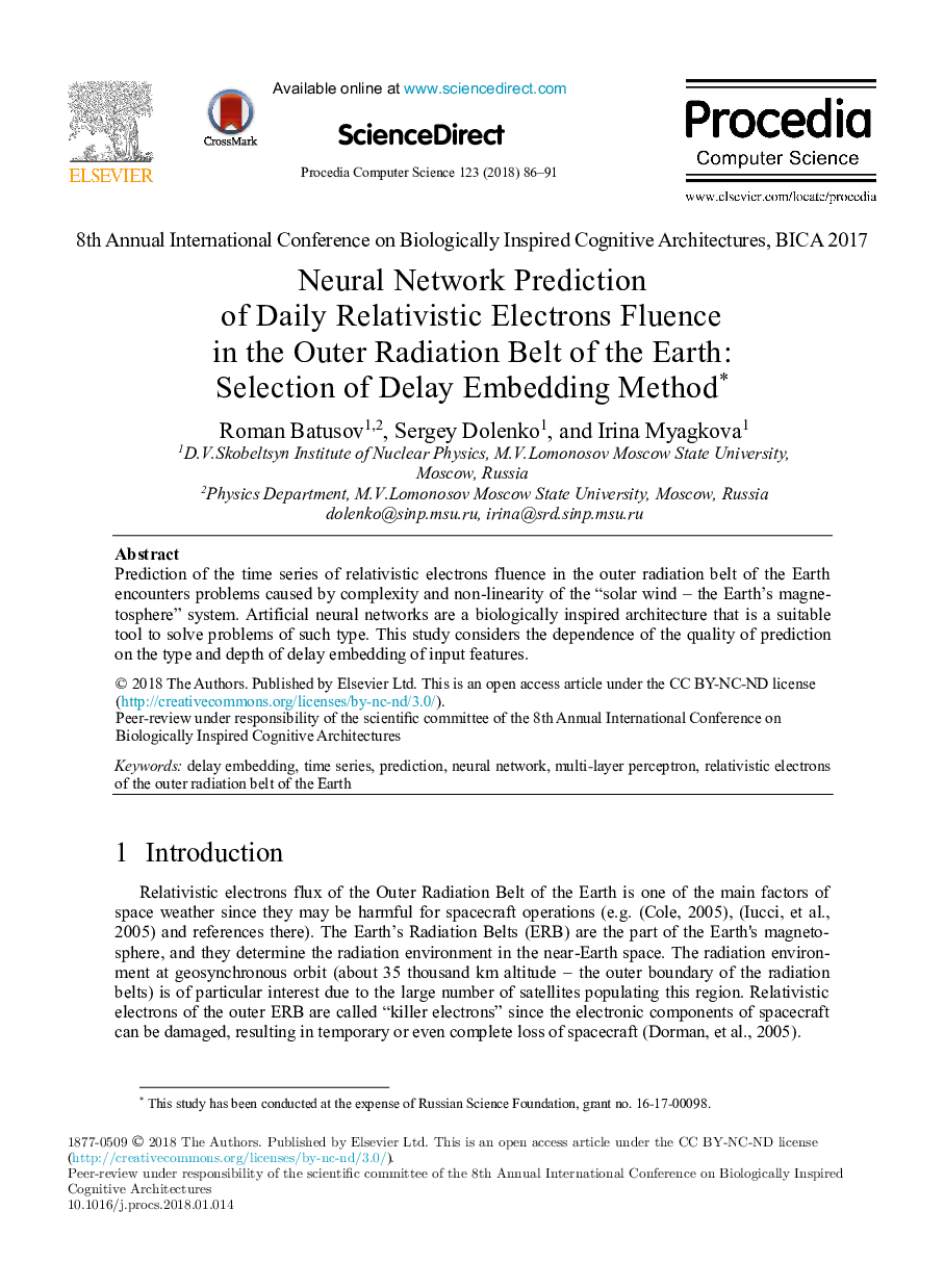 Neural Network Prediction of Daily Relativistic Electrons Fluence in the Outer Radiation Belt of the Earth: Selection of Delay Embedding Methodâ