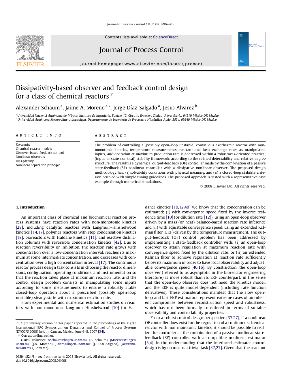 Dissipativity-based observer and feedback control design for a class of chemical reactors 