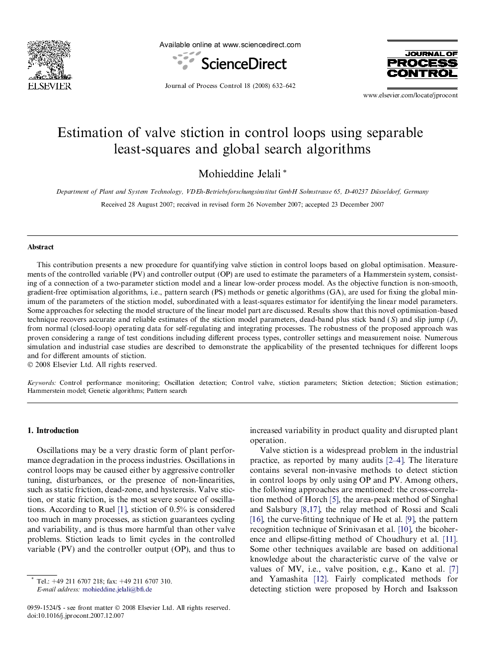 Estimation of valve stiction in control loops using separable least-squares and global search algorithms