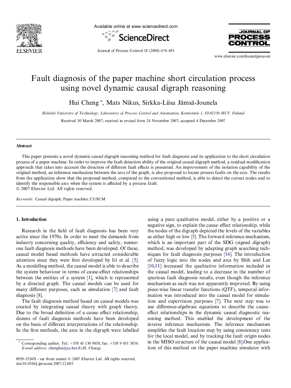 Fault diagnosis of the paper machine short circulation process using novel dynamic causal digraph reasoning