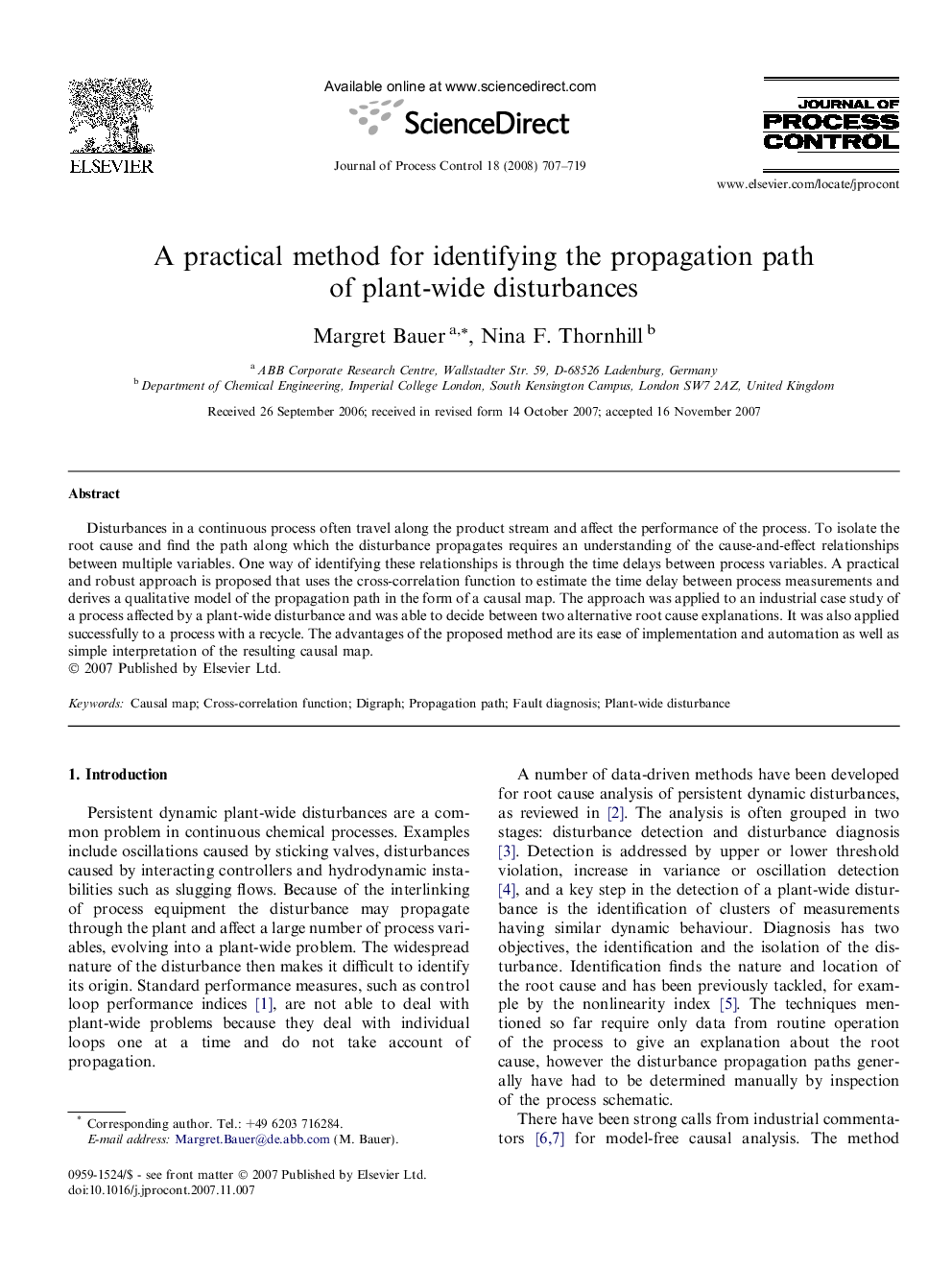 عکس صفحه اول مقاله: A practical method for identifying the propagation path of plant-wide disturbances A practical method for identifying the propagation path of plant-wide disturbances