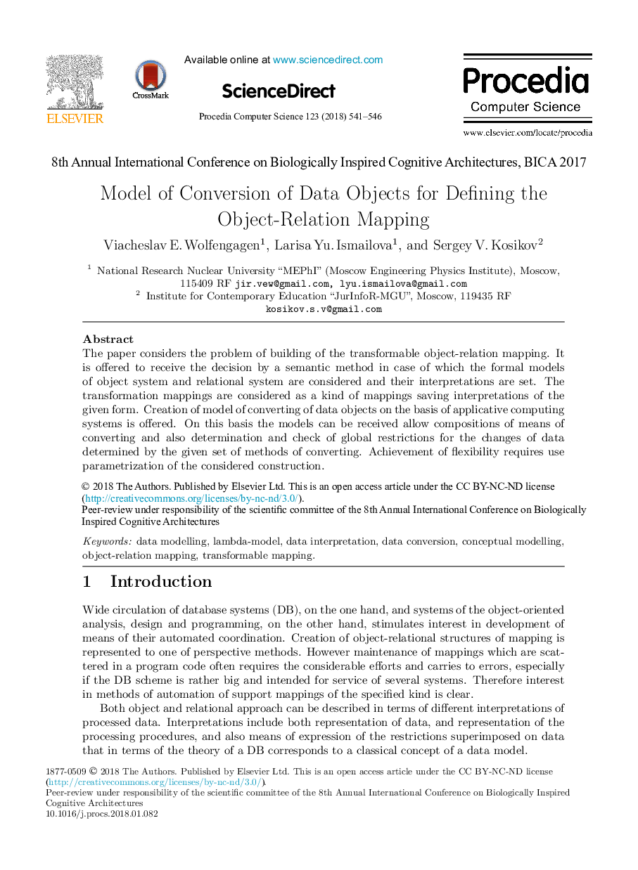 Model of Conversion of Data Objects for Defining the Object-Relation Mapping