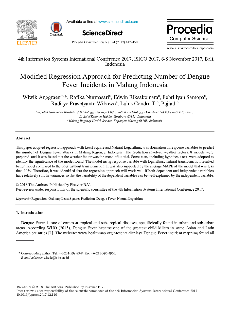 Modified Regression Approach for Predicting Number of Dengue Fever Incidents in Malang Indonesia