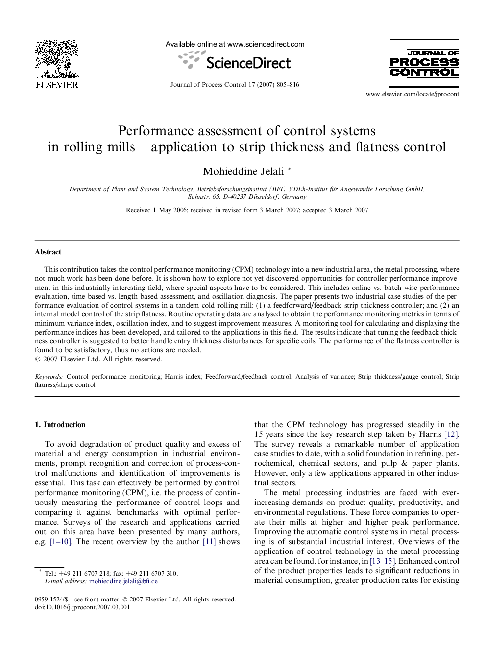 Performance assessment of control systems in rolling mills – application to strip thickness and flatness control