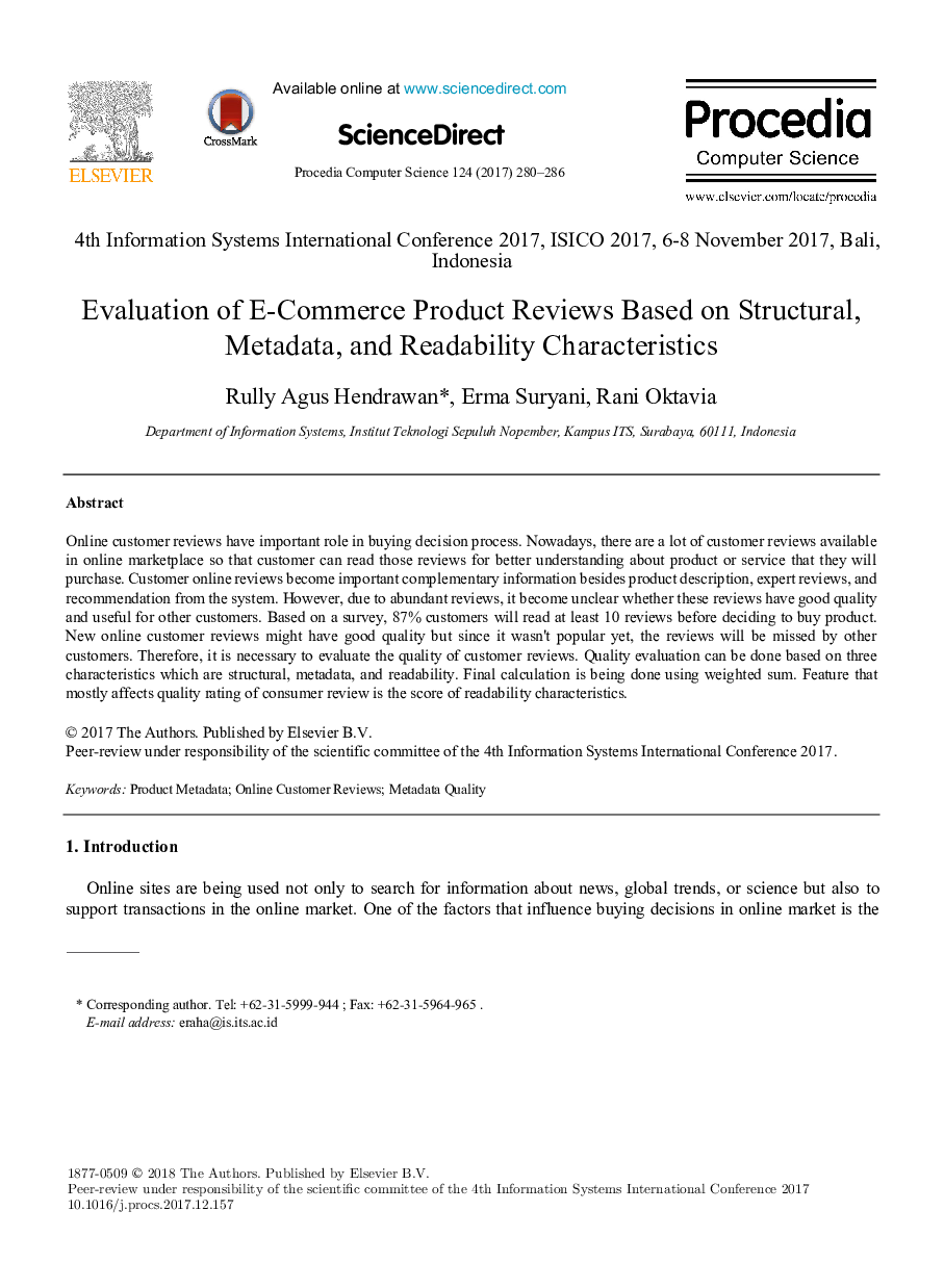 Evaluation of E-Commerce Product Reviews Based on Structural, Metadata, and Readability Characteristics