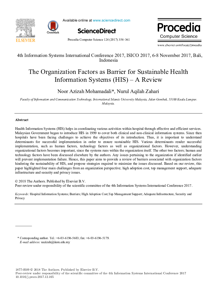 The Organization Factors as Barrier for Sustainable Health Information Systems (HIS) - A Review