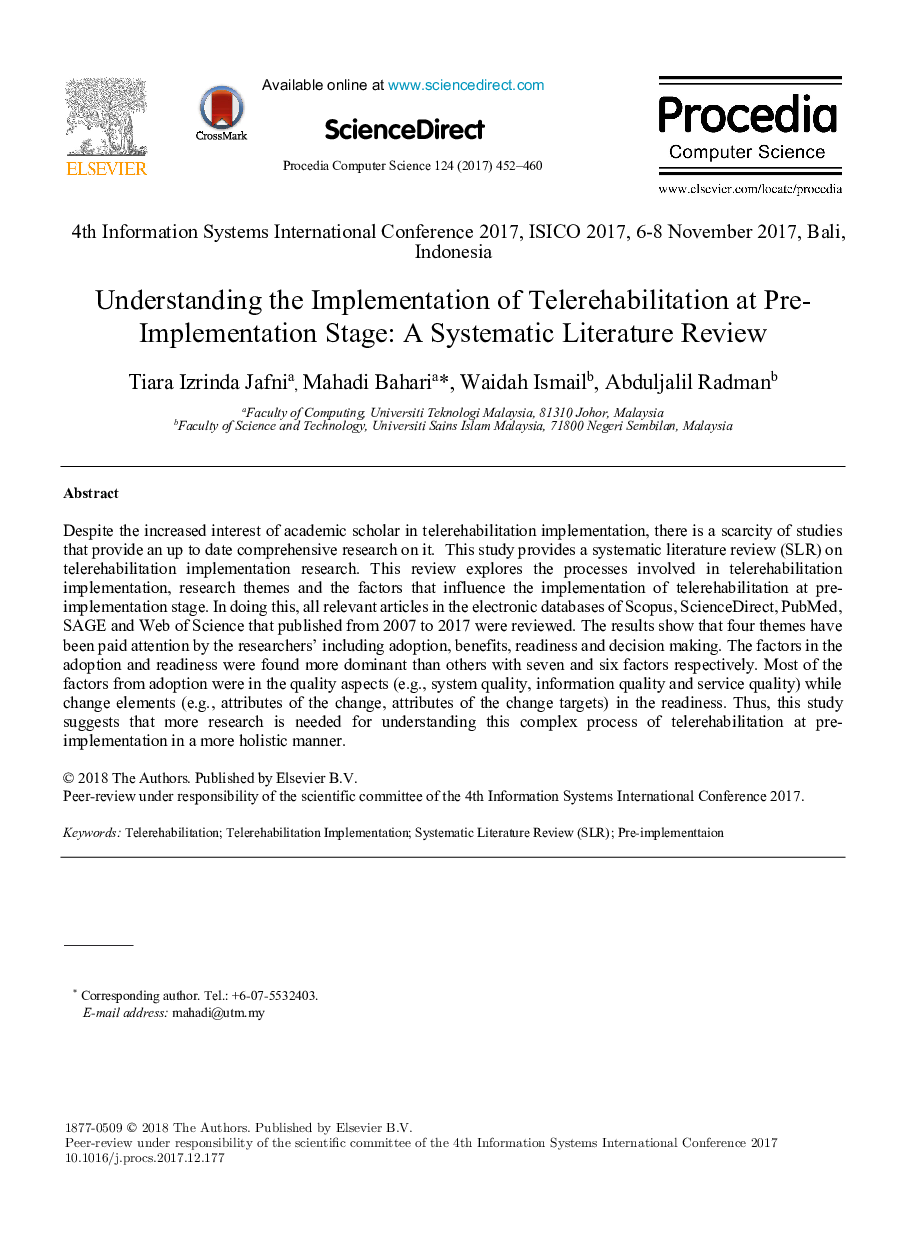 Understanding the Implementation of Telerehabilitation at Pre-Implementation Stage: A Systematic Literature Review