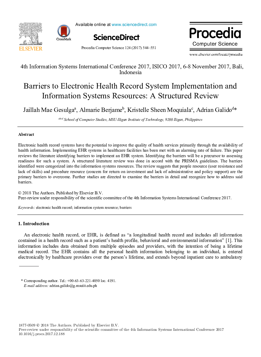 Barriers to Electronic Health Record System Implementation and Information Systems Resources: A Structured Review