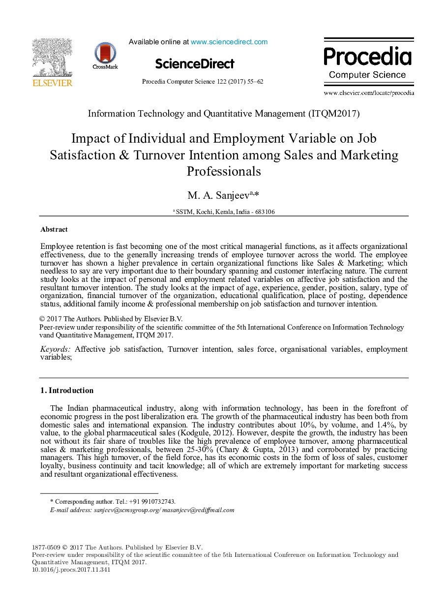 Impact of Individual and Employment Variable on Job Satisfaction & Turnover Intention among Sales and Marketing Professionals