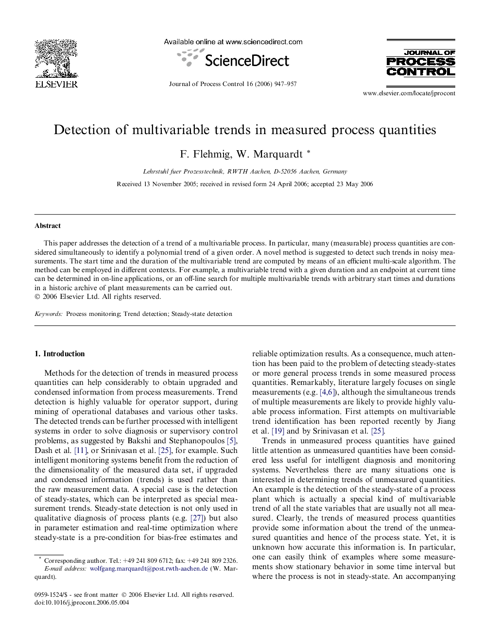 Detection of multivariable trends in measured process quantities