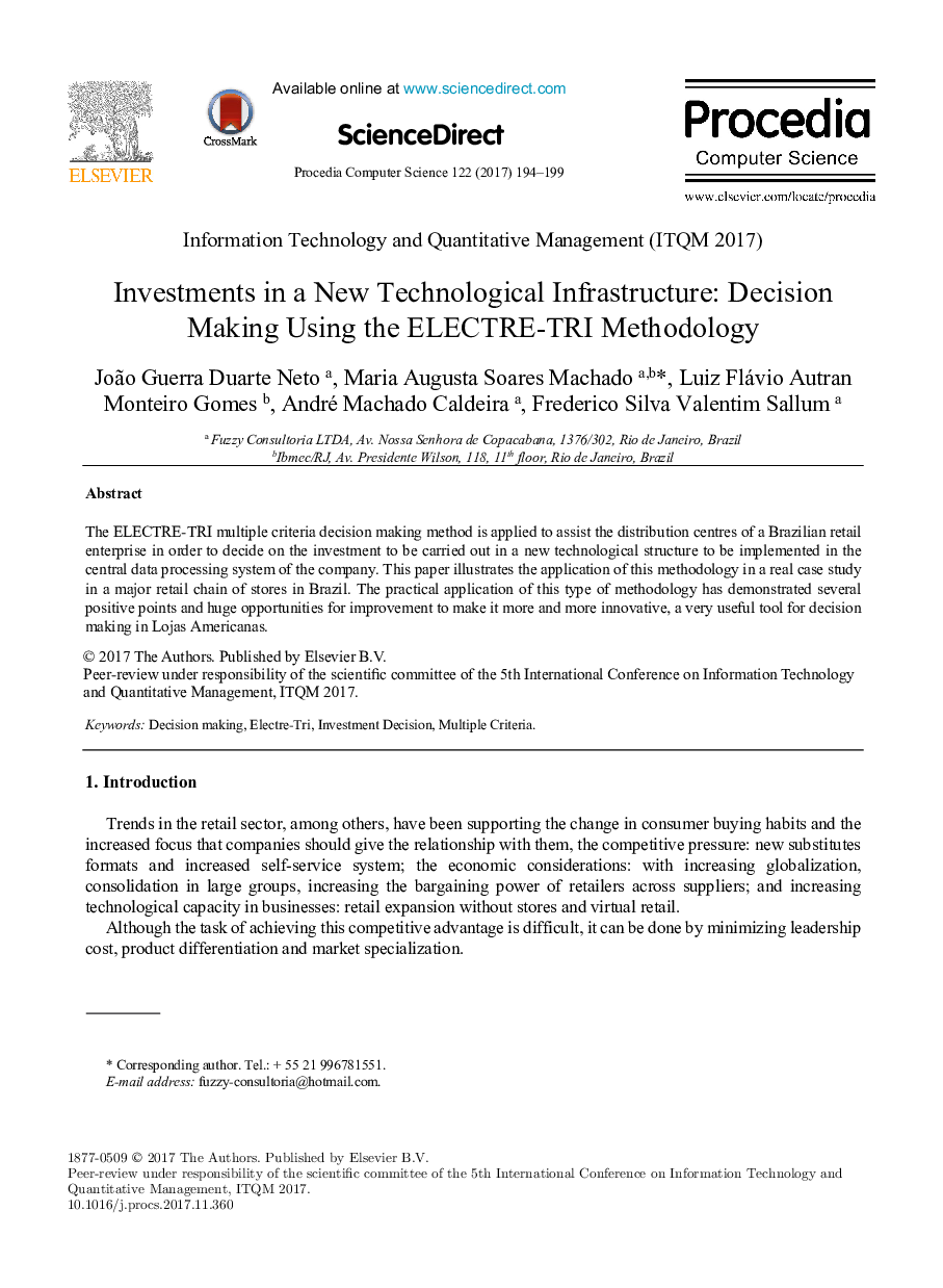 Investments in a New Technological Infrastructure: Decision Making Using the ELECTRE-TRI Methodology