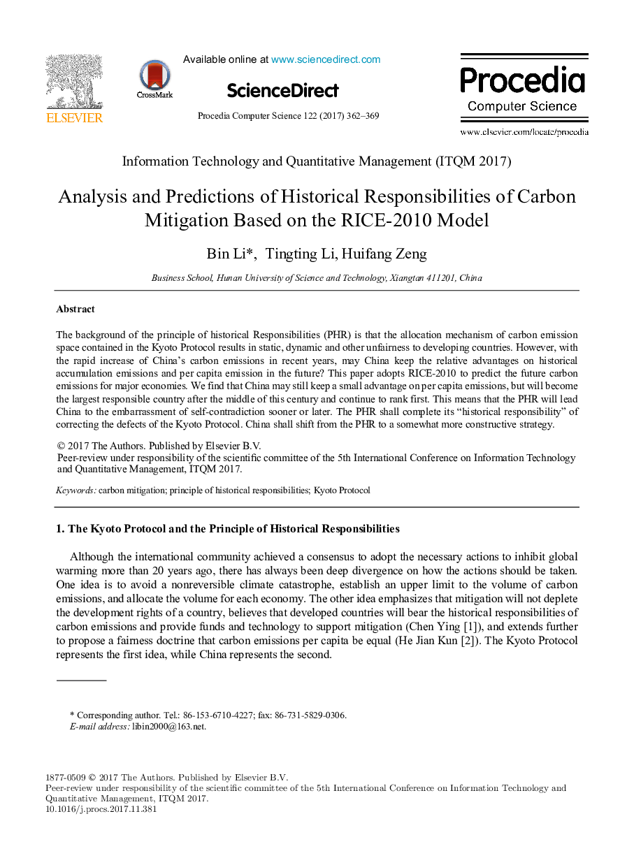 Analysis and Predictions of Historical Responsibilities of Carbon Mitigation Based on the RICE-2010 Model