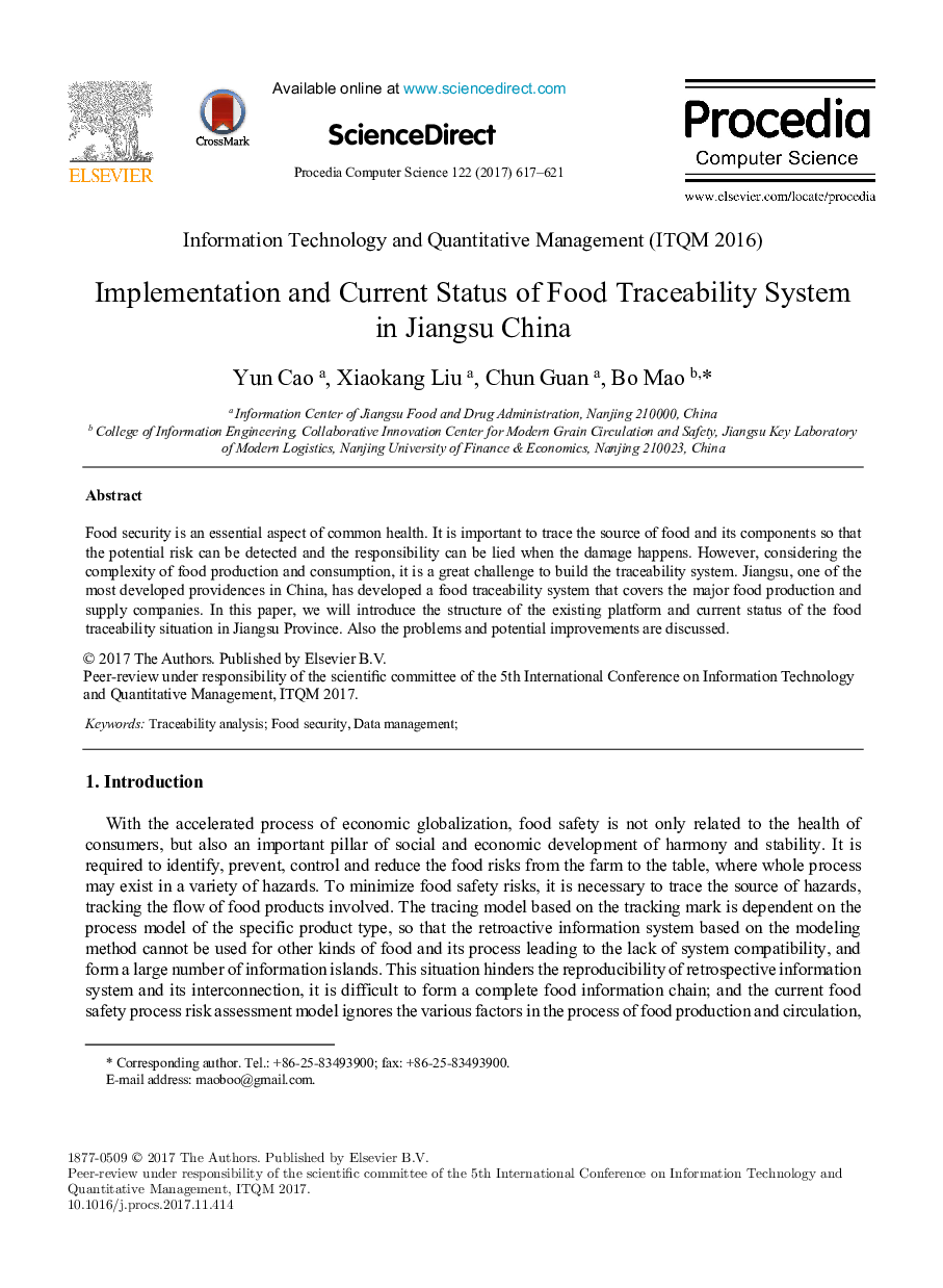 Implementation and Current Status of Food Traceability System in Jiangsu China