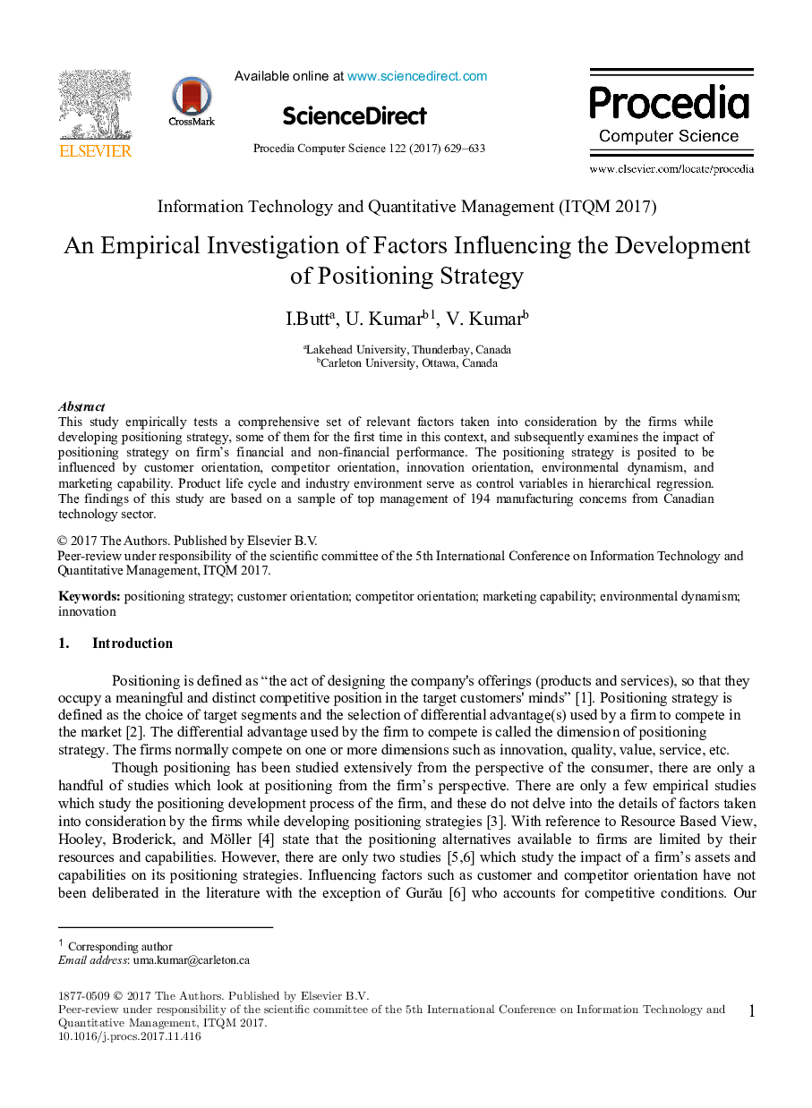 An Empirical Investigation of Factors Influencing the Development of Positioning Strategy