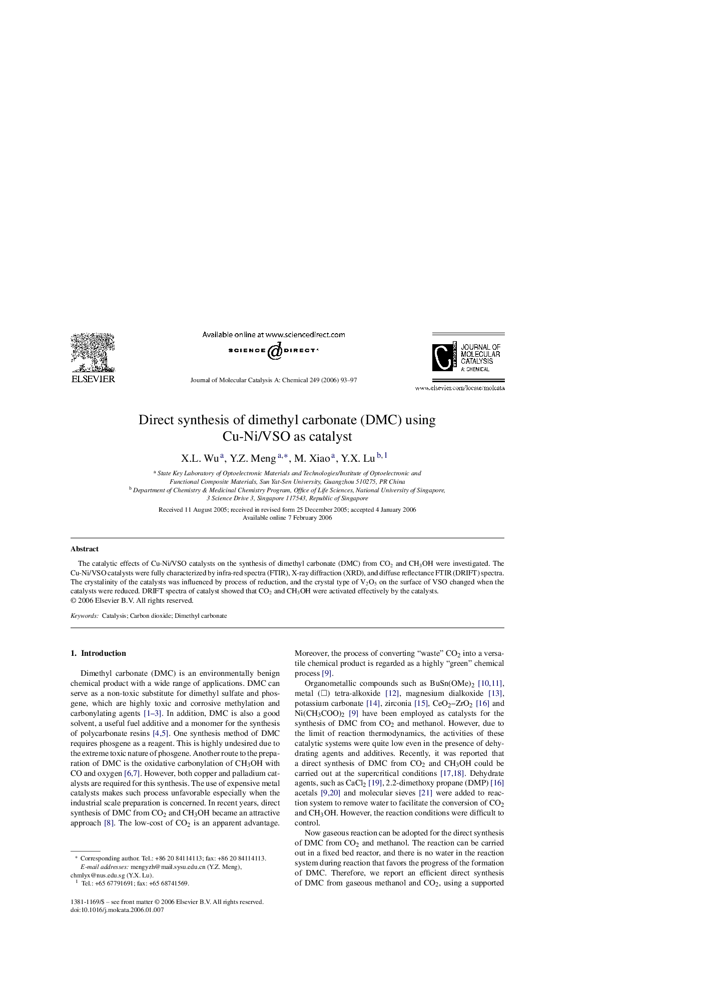 Direct synthesis of dimethyl carbonate (DMC) using Cu-Ni/VSO as catalyst