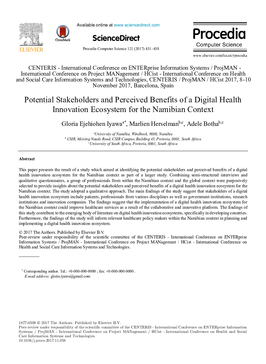 Potential Stakeholders and Perceived Benefits of a Digital Health Innovation Ecosystem for the Namibian Context