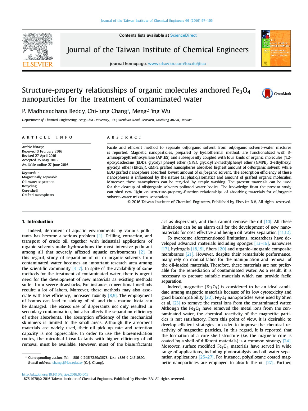 Structure-property relationships of organic molecules anchored Fe3O4 nanoparticles for the treatment of contaminated water