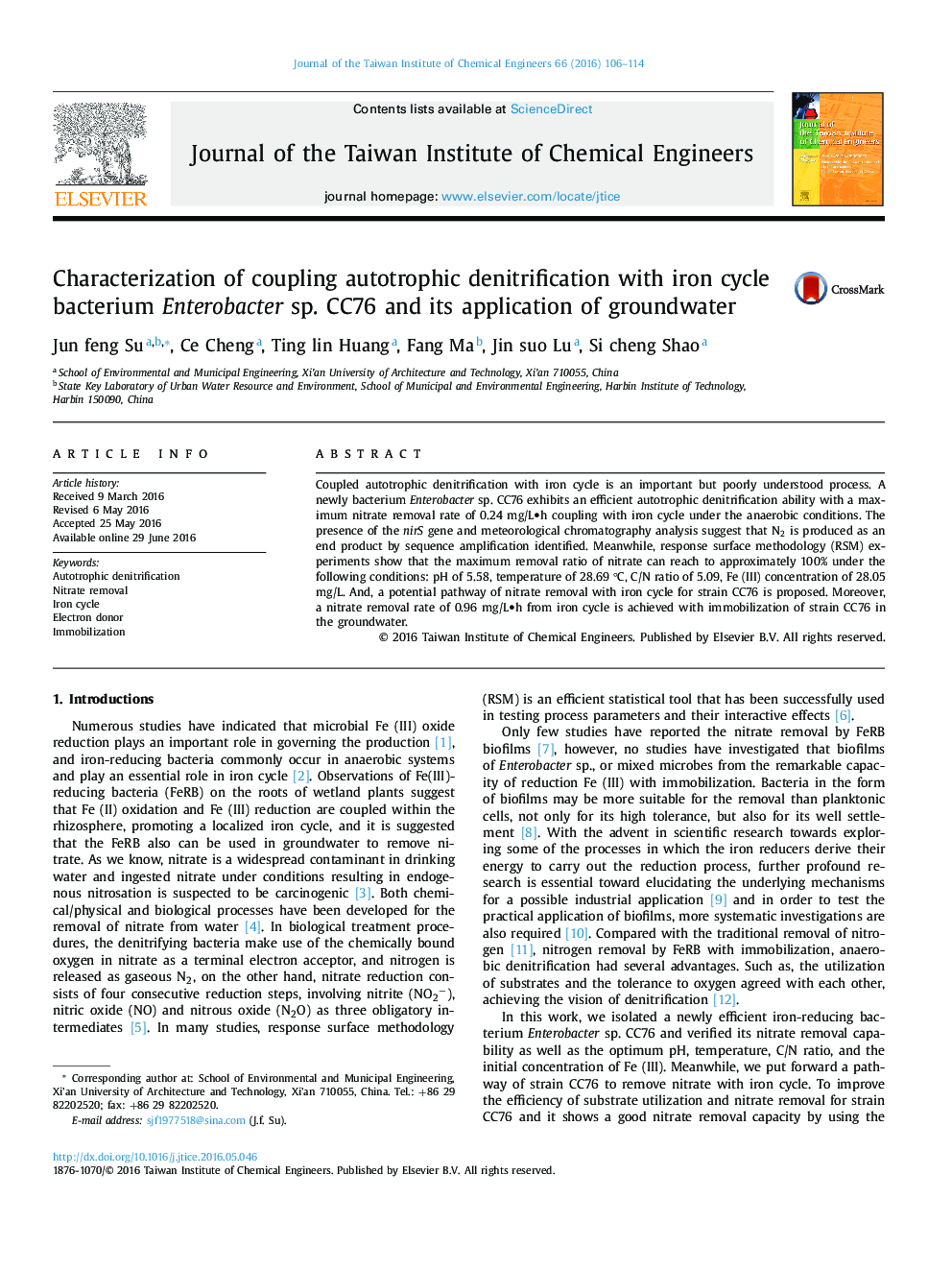 Characterization of coupling autotrophic denitrification with iron cycle bacterium Enterobacter sp. CC76 and its application of groundwater