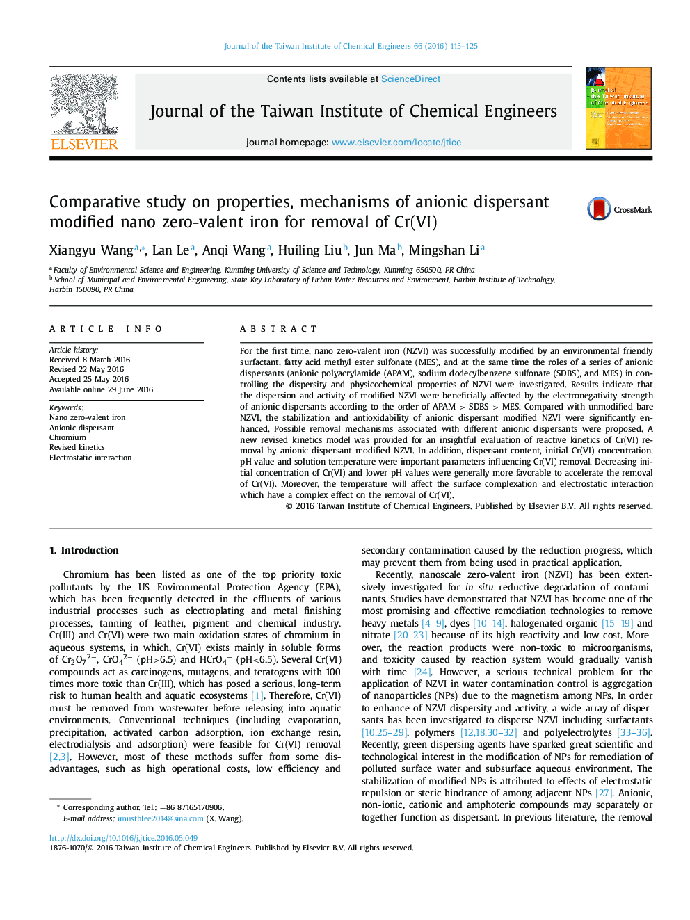 Comparative study on properties, mechanisms of anionic dispersant modified nano zero-valent iron for removal of Cr(VI)