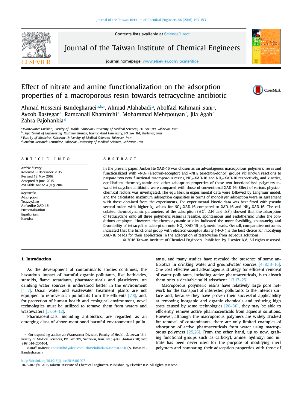 Effect of nitrate and amine functionalization on the adsorption properties of a macroporous resin towards tetracycline antibiotic